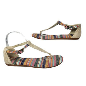 TOMS Sandals Womens 7.5 Canvas Ankle Strap Adjustable Thong Tan Nude Striped